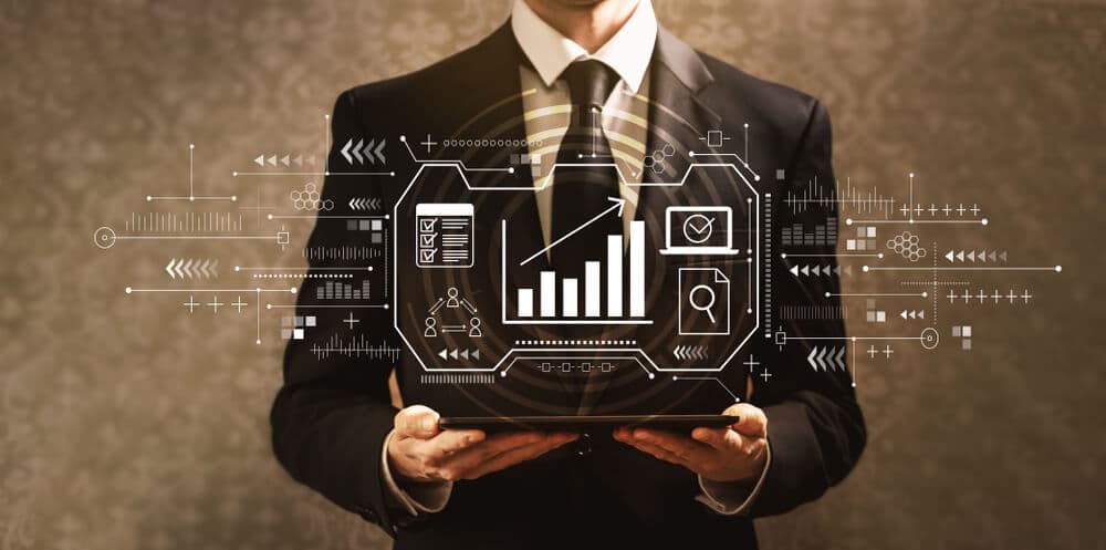 business employee using an augmented reality dashboard to view data